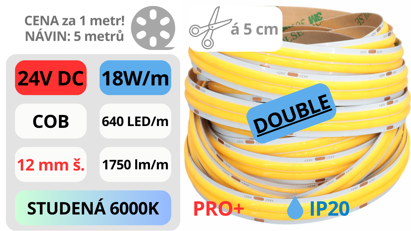 LED pásek DOUBLE COB 24V / 640LED / 18W / 6000K / IP20 / 12mm / PRO+